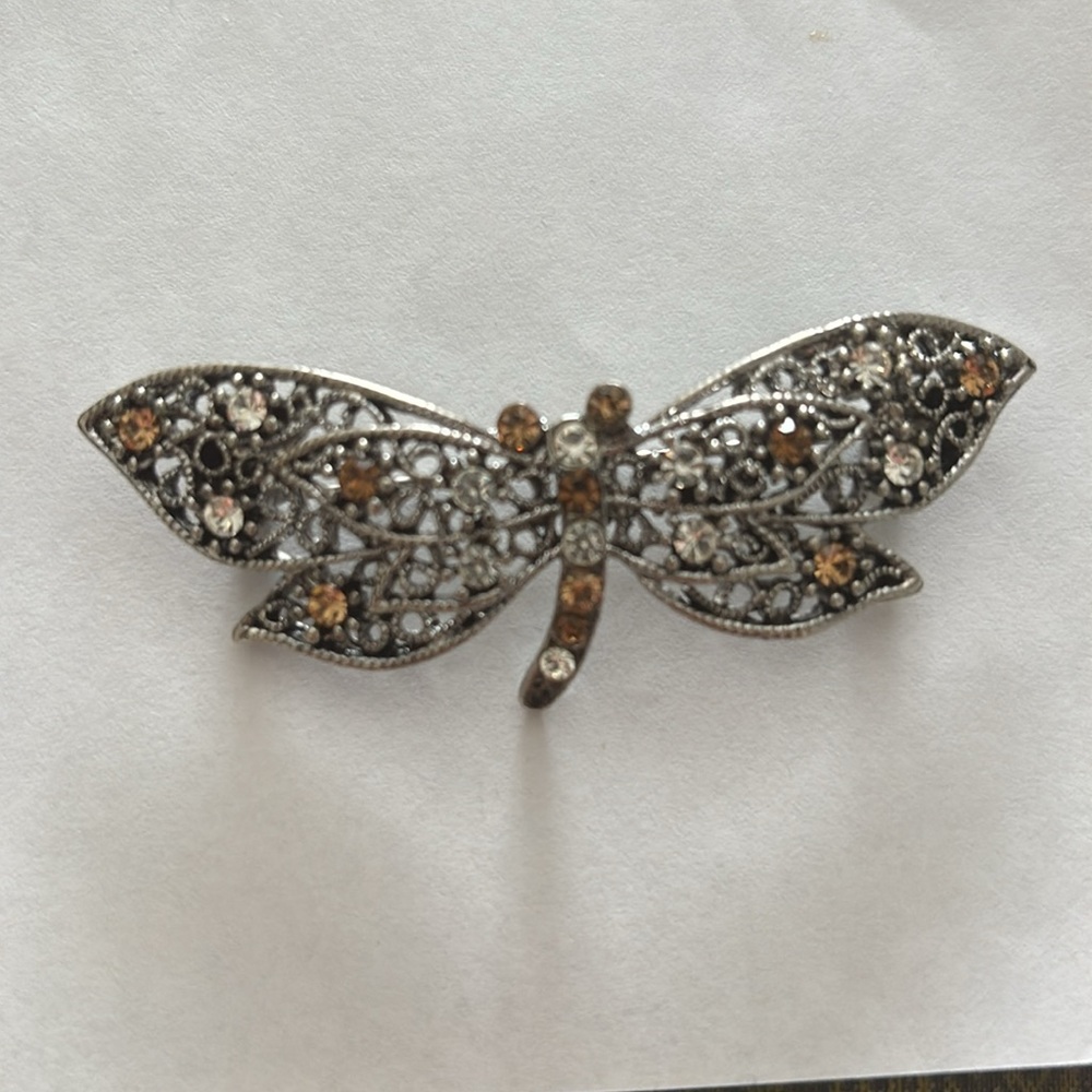 Dragonfly Filigree Pin With Crystals & Citrine Stones